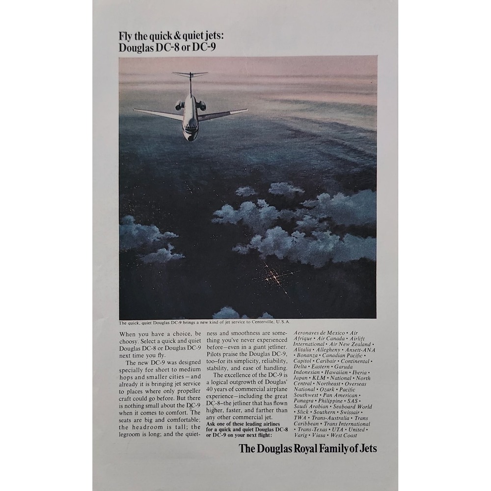Vintage 1966 Douglas DC-9 DC-8 Jet Aircraft Magazine Ad Mid-Century Aviation Art